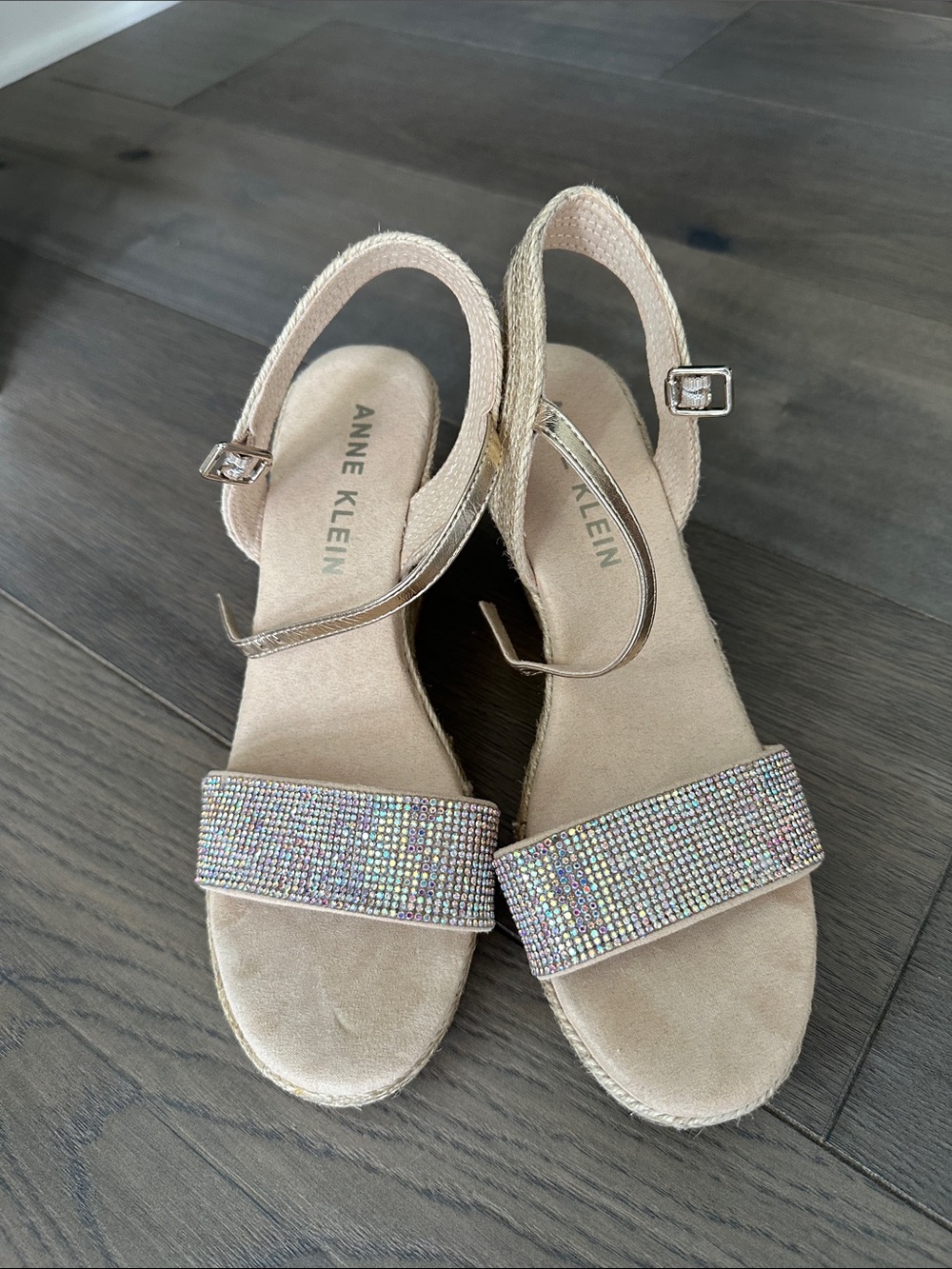 Anne Klein Beige Rhinestone Strap Slingback Sandals